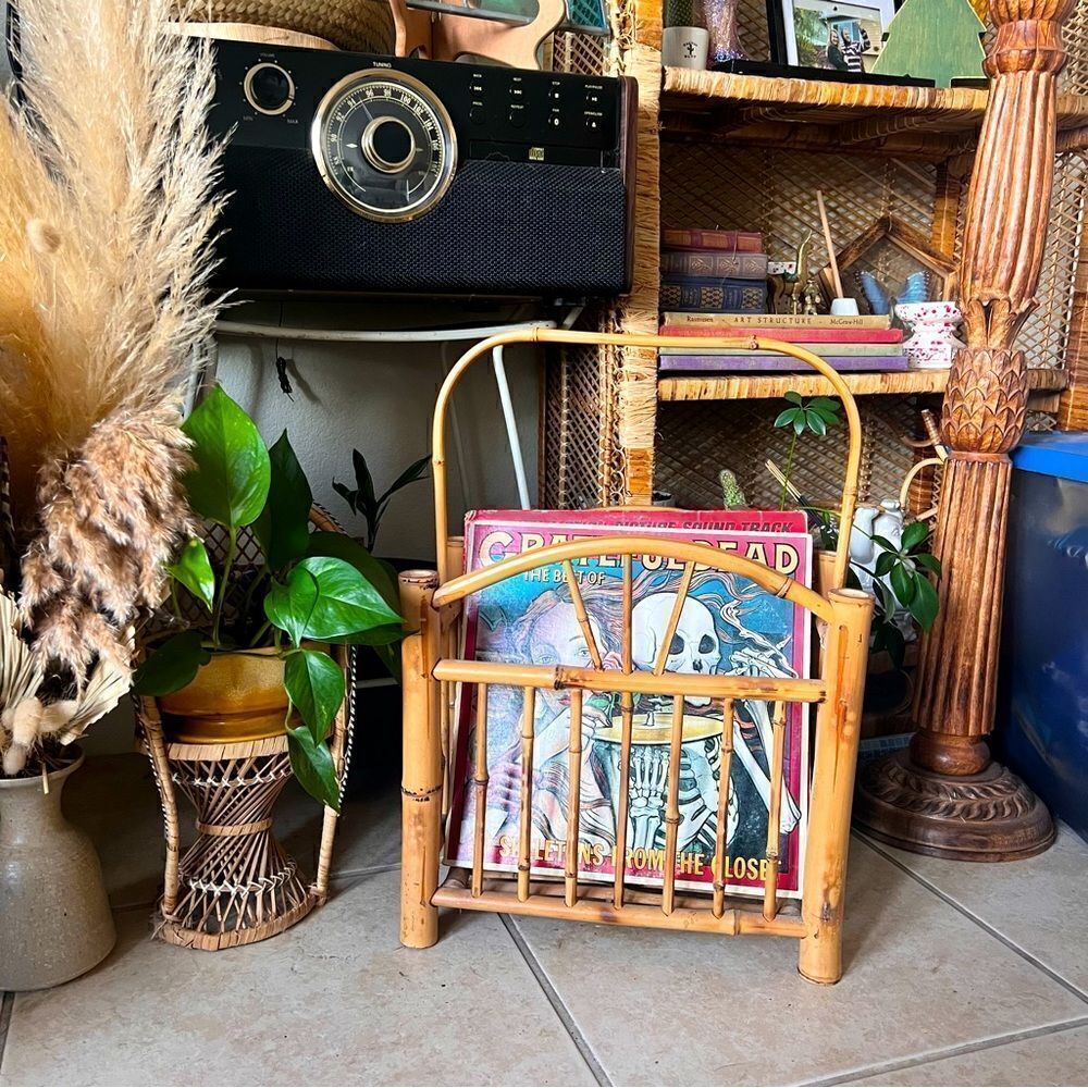 Vintage 1930 English Tortoiseshell Bohemian Rattan Bamboo Magazine/Record Rack